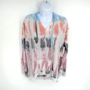 Theo & Spence Tie-Dye Hooded Top V-Neck Kangaroo Pocket Medium NWT $68